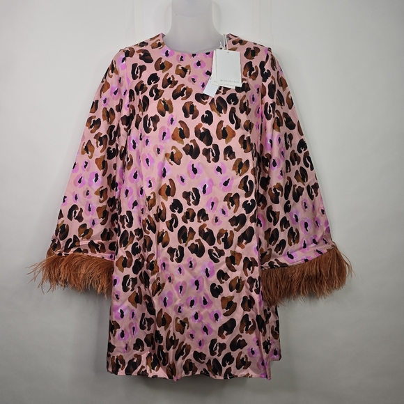 Borgo de Nor Pink Leopard Print Cocoa Dress with Feather Trim - Picture 9 of 14